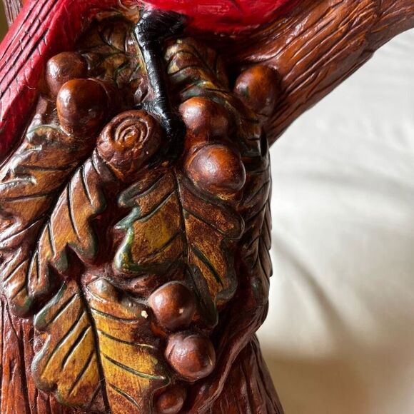 Vintage 70s Chalkware Statue Red Cardinal Perched in Tree Branch Hand Painted - Picture 9 of 12